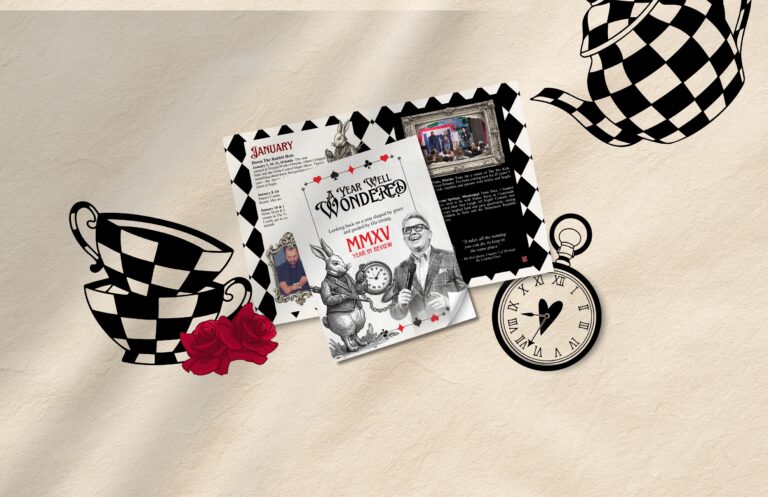 Alice in Wonderland–themed year-in-review graphic titled ‘A Year Well Wondered,’ featuring vintage storybook illustrations, teacups, roses, and a pocket watch alongside photos of Scott Humston, symbolizing reflection, imagination, and faith-filled leadership.