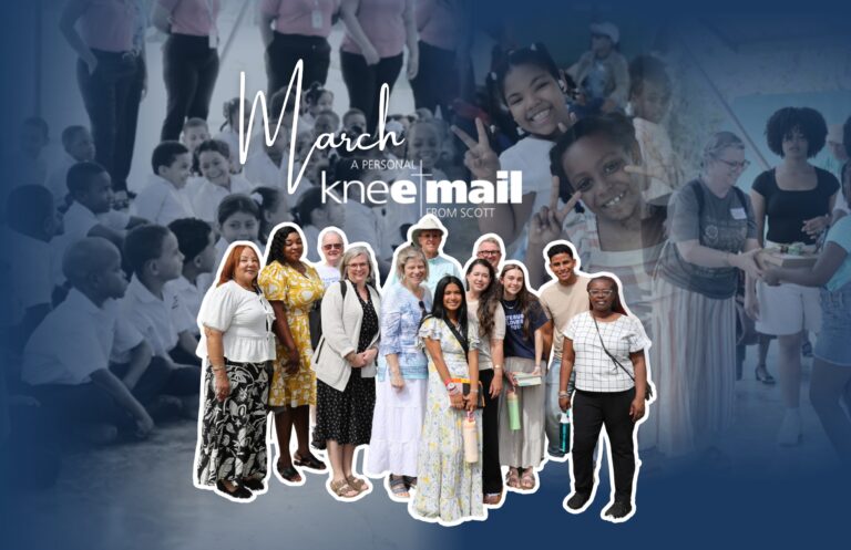 March Kneemail cover featuring a diverse group of volunteers and children during a church outreach in the Dominican Republic, highlighting missionary work, children’s ministry, and faith-based community service led by Scott Humston.